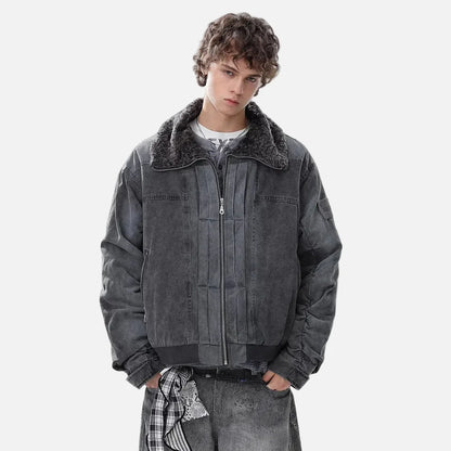 Vintage Distressed Denim Padded Fur Collar Jacket