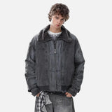 Vintage Distressed Denim Padded Fur Collar Jacket