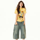 Retro Yellow Printed Slimming Short Sleeve T-Shirt