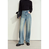 Amii Minimalism Leather Contrast Jeans