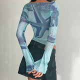 Women Blue Flare Sleeve Crop T-Shirt