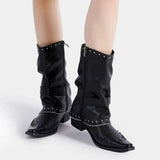 Punk Motorcycle Rivets Black Cowboy Boots