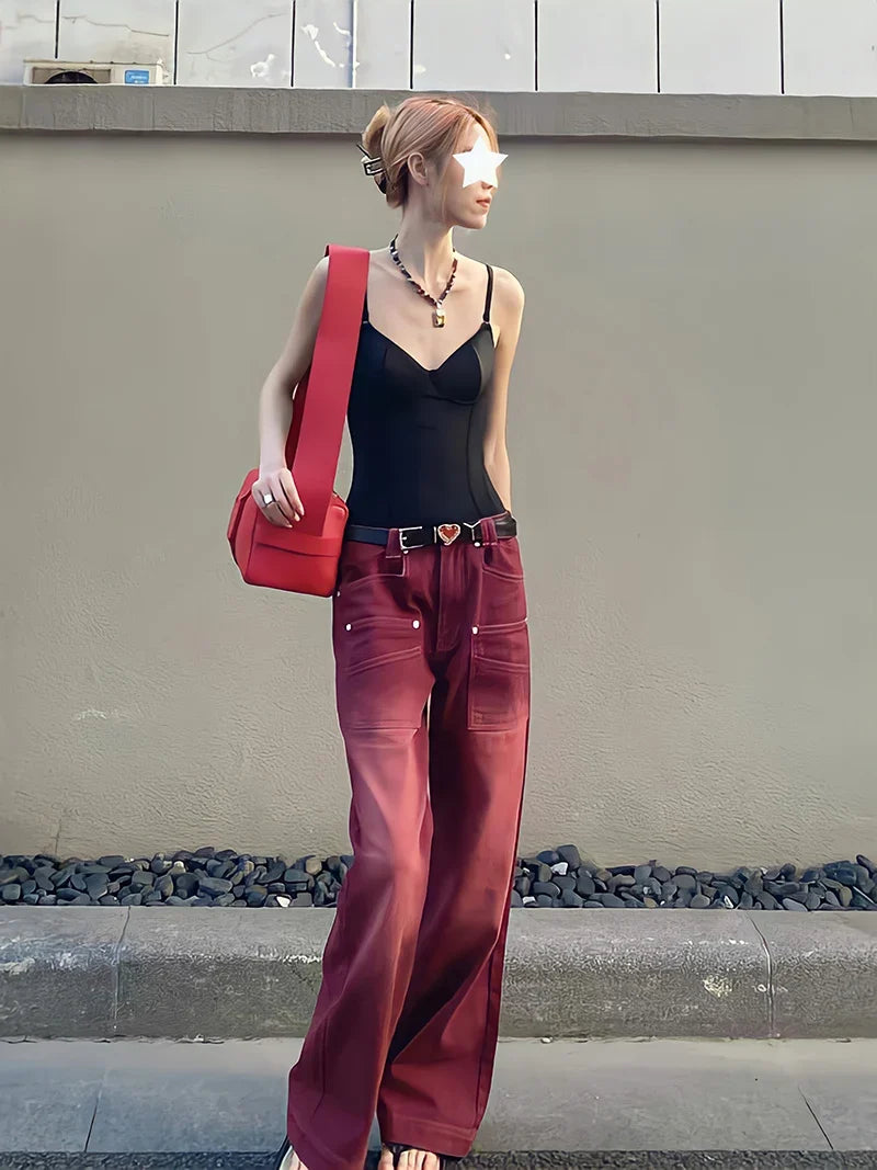 Wine Red Retro European Style Jeans