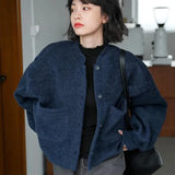 Women Classic Vintage Navy Blue Warm Cardigan