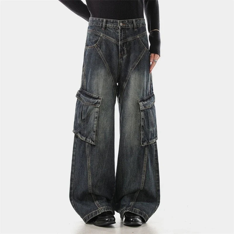 Trendy Deconstructed Wide Leg Cargo Jeans