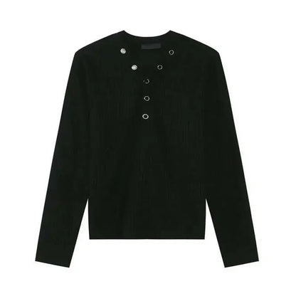 V-neck Knitting Button Long Sleeved T-shirts