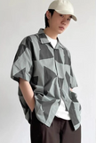 Y2K Street Style Navy Geometric Print Short Sleeve Shirt