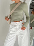 Crew Neck Solid Slim Long Sleeve Crop Top