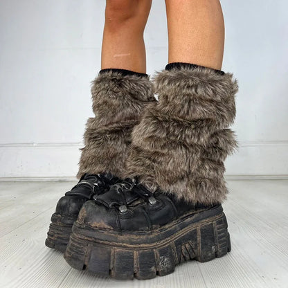 Model wearing the brown Cozy Knit Leg Warmers