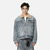 Streetwear Turn Down Fur Collar Washed Denim Jacket
