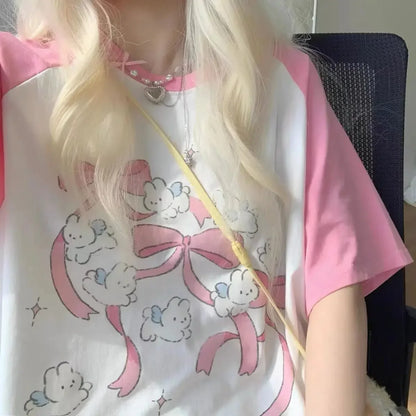 Sweet Pink Kawaii Graphic Rabbit T-Shirt