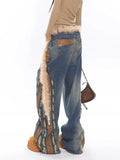 Retro Patchwork Leather Studded Distressed Jeans