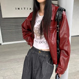Women Red Retro Lapel Leather Jacket