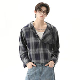 Streetwear Plaid Drawstring Hooded T-Shirt