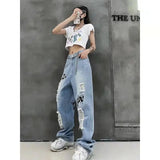 Women High Waist Graffiti Wide Leg Jeans