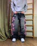 Pink Flame Emblem Doodle Print Jeans