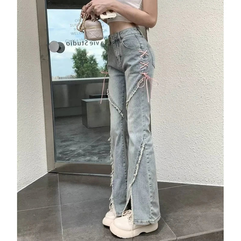 Retro Korean Tassel Split Flared Jeans