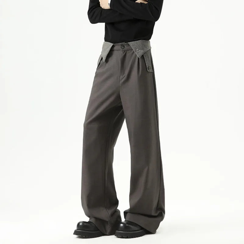 Cozy Contrast Color Pleated Straight Leg Suit Pants