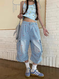 Chic Striped Heart Embroidery Cargo Denim Jorts