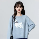 Women Retro Cute Blue Oversize Bow Sweater
