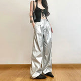 Y2K Women Streetwear Hip Hop Silver Leather Pants
