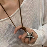 Punk Star Pendant Leather Rope Necklace