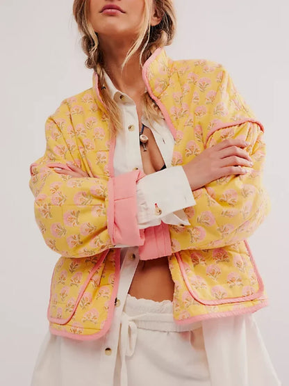 Women Retro Floral Yellow Padded Jacket
