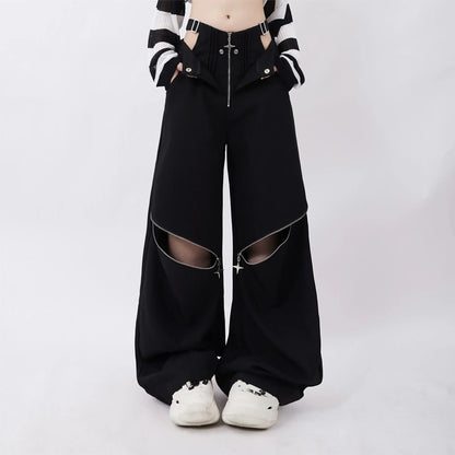 Black Cargo Zipper Design High Pants