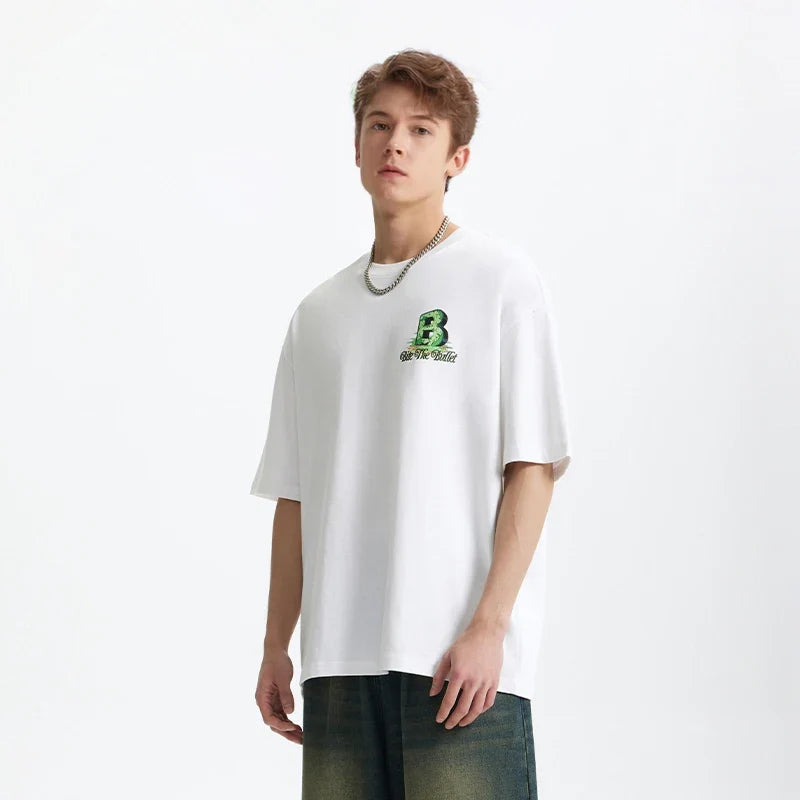 Model wearing the white Grizzly B Graphic T-Shirt
