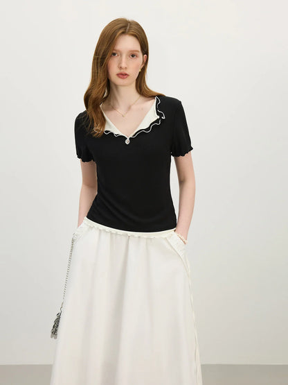 Layered Knit Lapel Short Sleeve T-Shirt