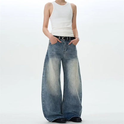 Vintage Washed Blue Textured Wide Jeans
