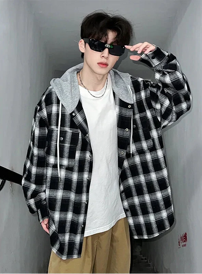 Plaid Oversize Designer Hooded Long Sleeve Shirt