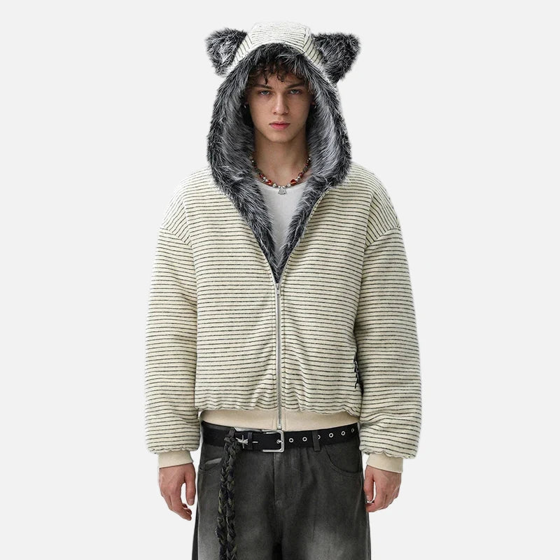 Brushed Striped Rabbit Faux Fur Hooded Jacket
