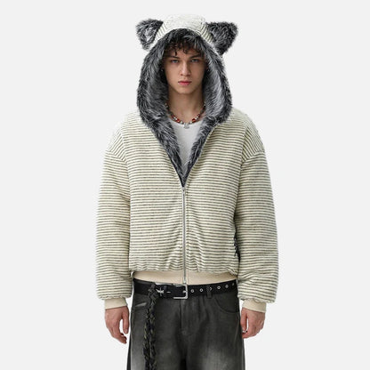 Brushed Striped Rabbit Faux Fur Hooded Jacket