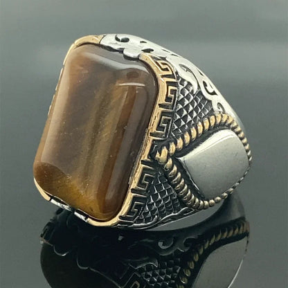 Men Yellow Black Stone Carved Silver Ring