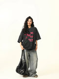 Washed Black Rose Print Round T-Shirt