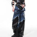 Unique Patchwork Leather Painted Wide Leg Jeans