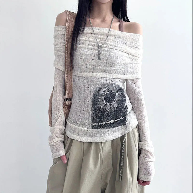 Off-Shoulder Graphic Print Top