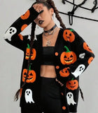 Halloween Cozy Pumpkin Pattern Knit Cardigan