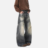 Vintage Moustache Effect Washed Wide Jeans