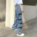 Elastic High Waist Flocked Embroidered Jeans