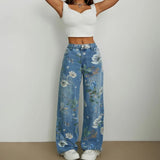 Vintage Flower Mid-Waisted Loose Straight Leg Jeans