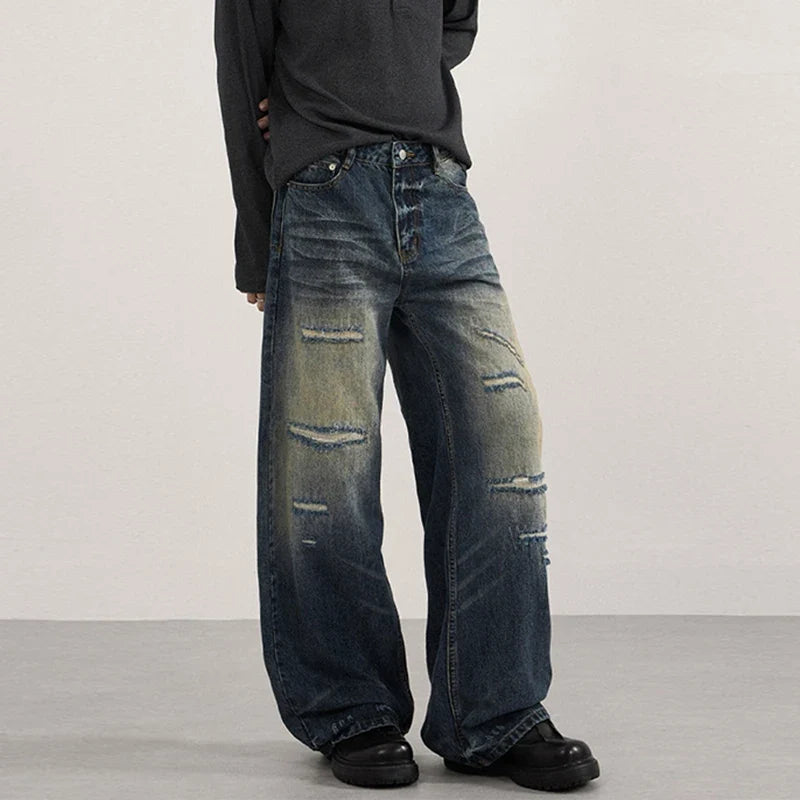 Patchwork Distressed Wide Leg Washing Denim Jeans