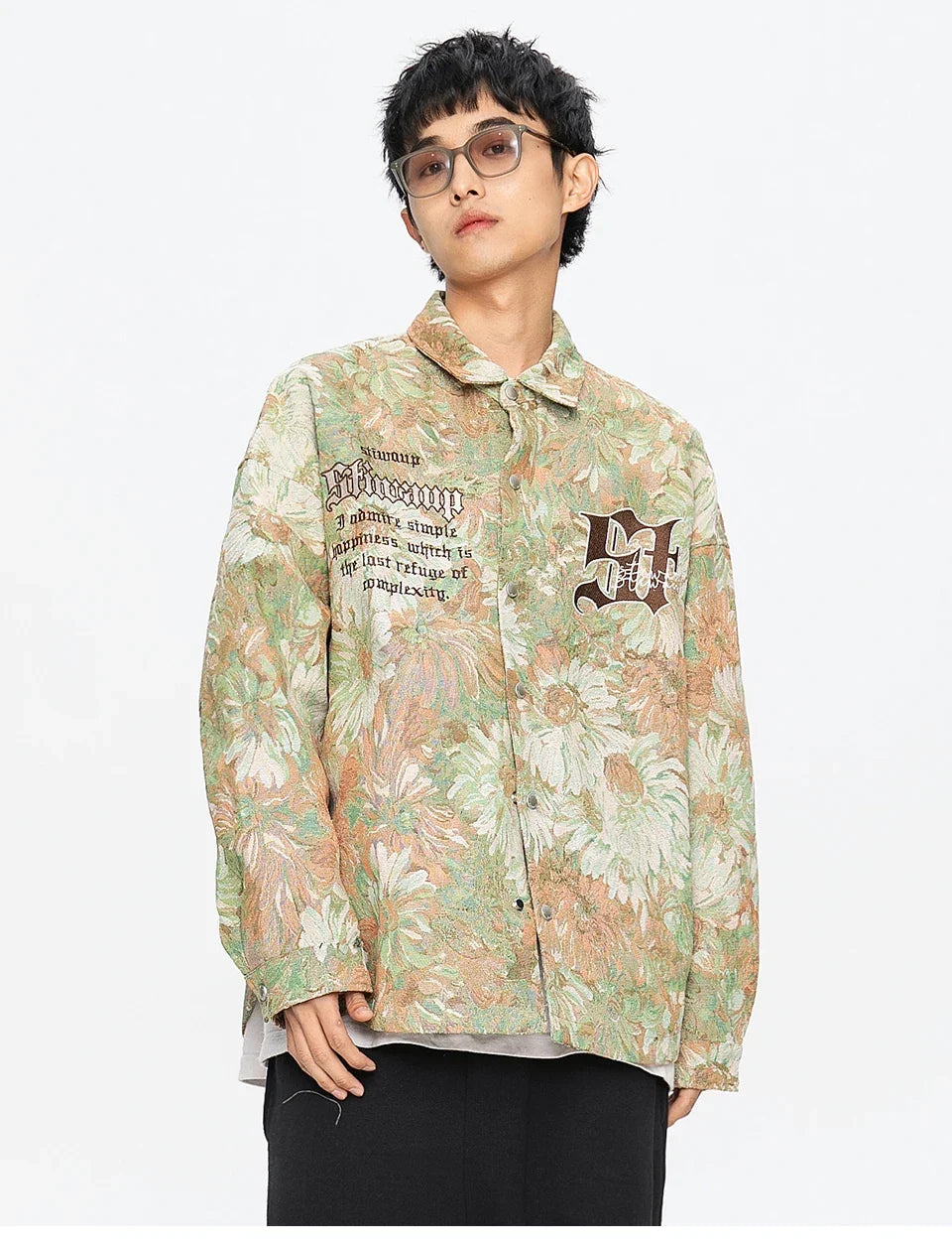 Trendy Gothic Daisy Print Varsity Jacket