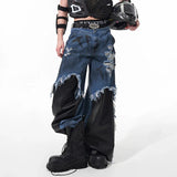 Unique Patchwork Leather Painted Wide Leg Jeans