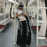 Black Plaid Wide Cargo Pants