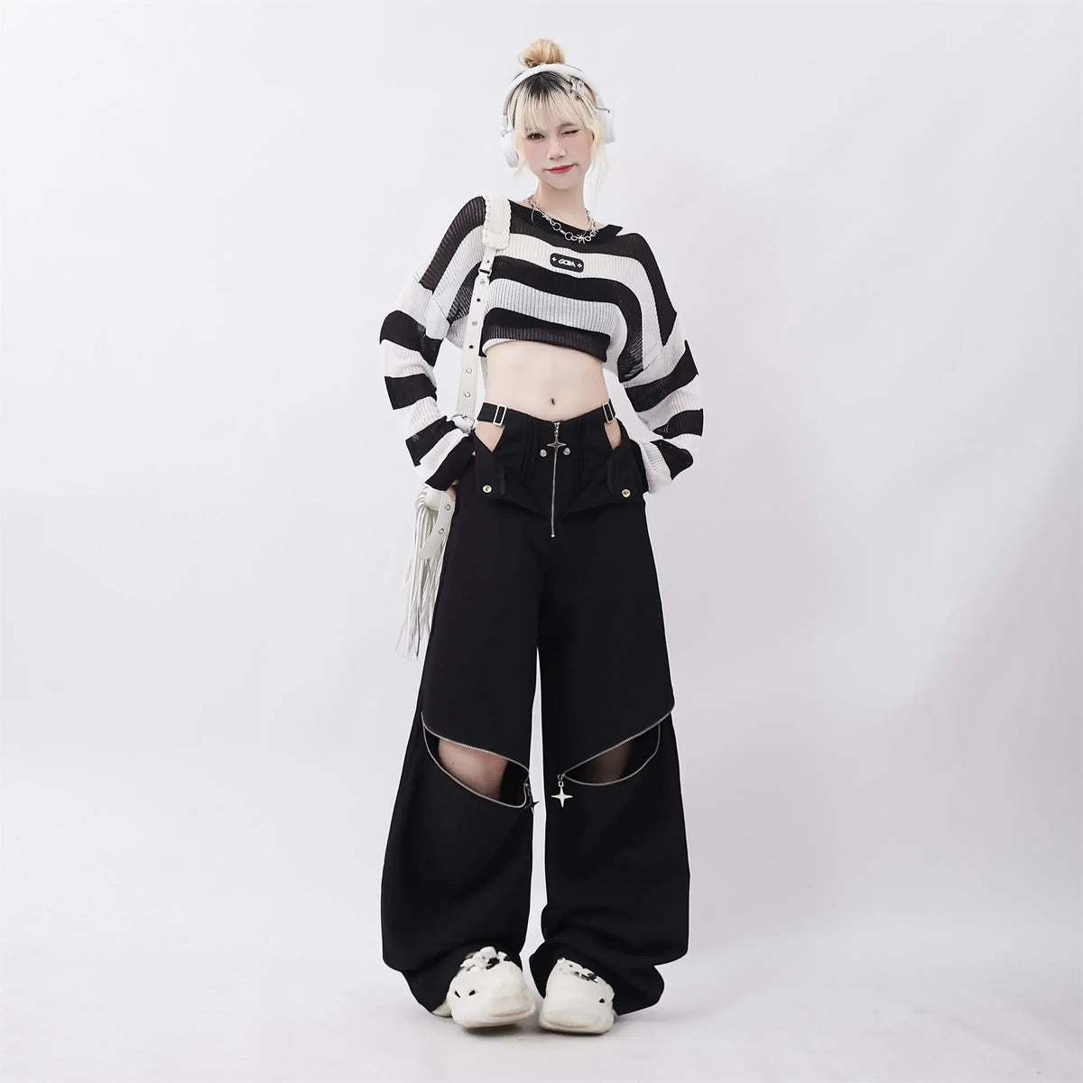 Black Cargo Zipper Design High Pants