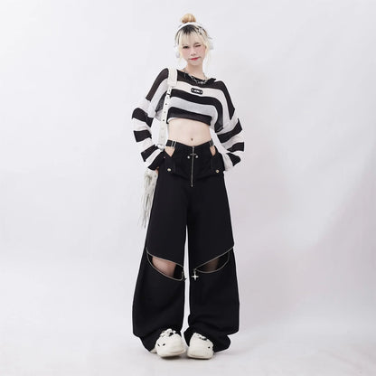Black Cargo Zipper Design High Pants