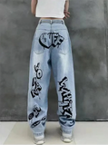 Women High Waist Graffiti Wide Leg Jeans