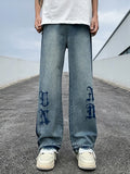 Streetwear Blue Goth Letter Print Cool Jeans